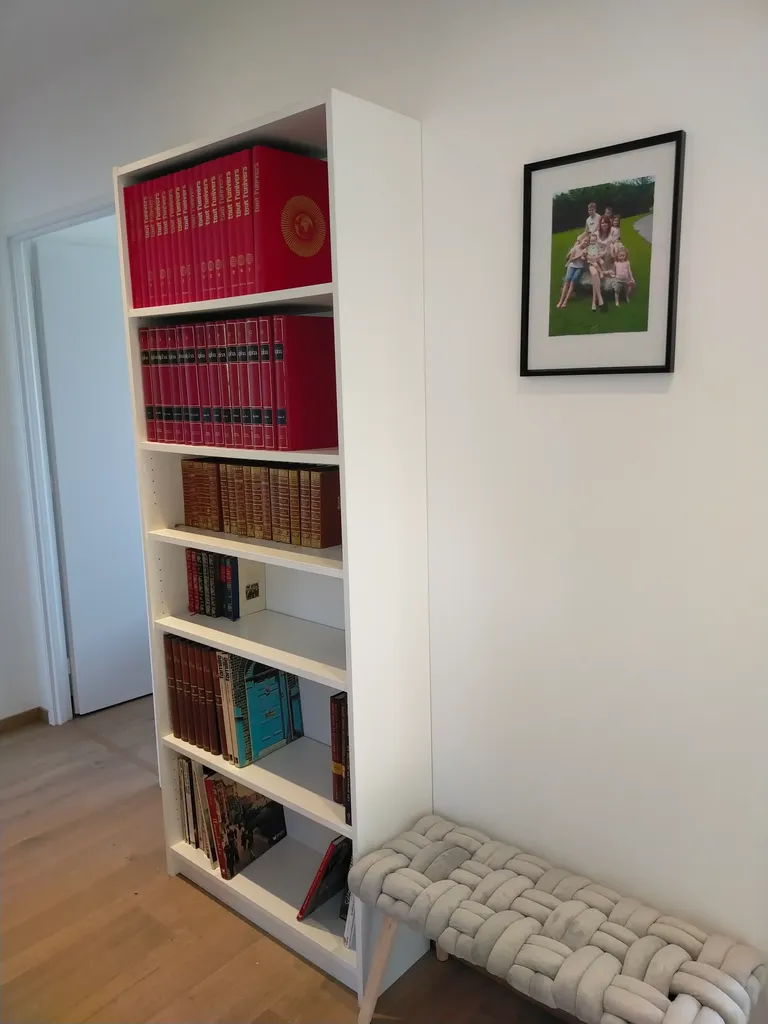 Bibliothèque garnie de livres et coin lecture tranquille